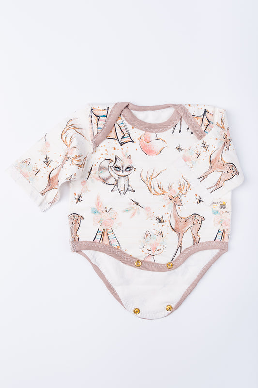 Bodijs “Meža draugi” 42–44 — ar garām piedurknēm, šuvumi uz āru, ietīšanas kakla izgriezums