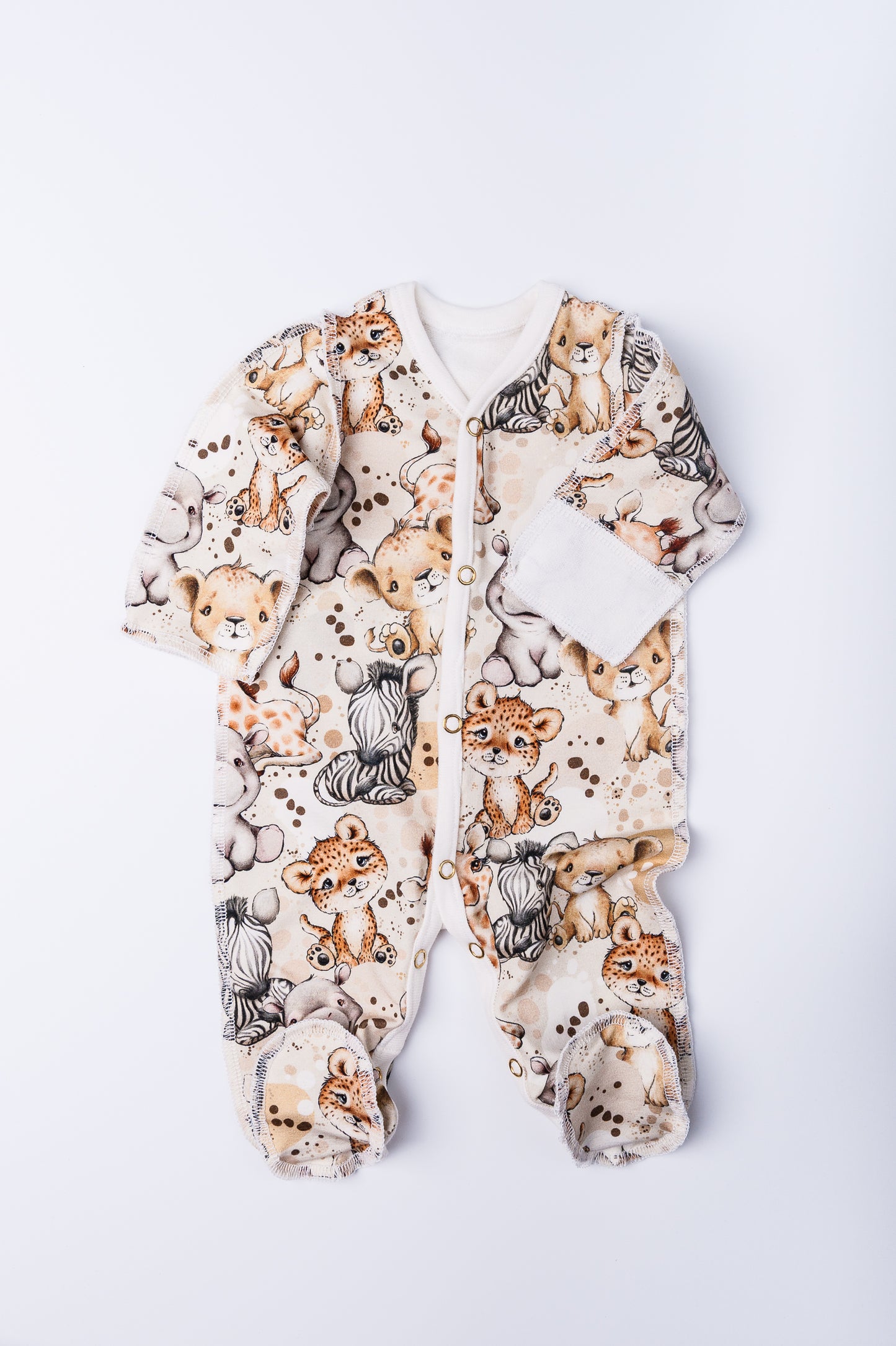 Sleepsuit “African Friends” 48–50 — fold-over cuffs, closed feet, warm looped jersey, outer seams