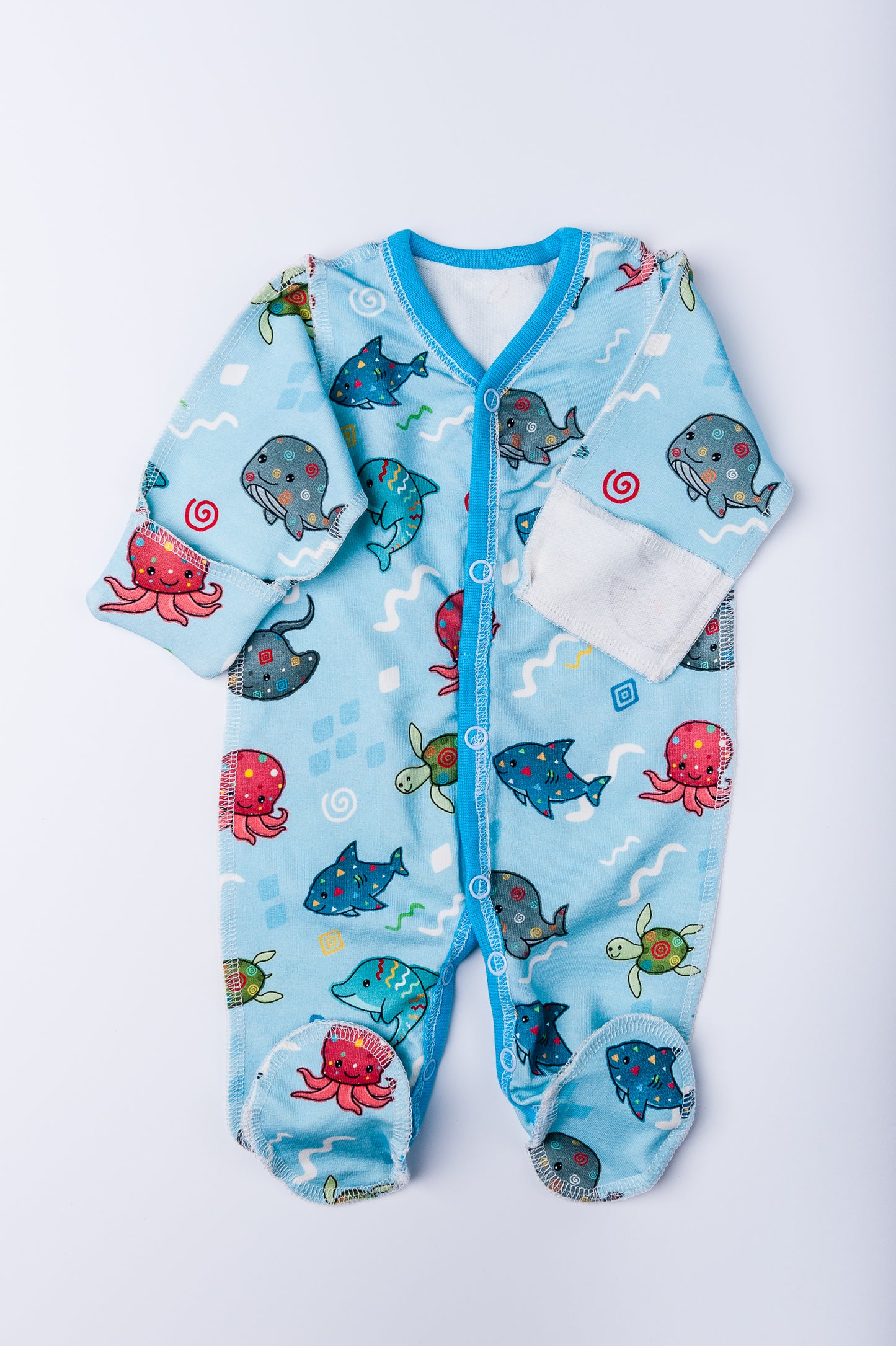Sleepsuit “Sea Friends” 46 — closed legs, long sleeves, outer seams