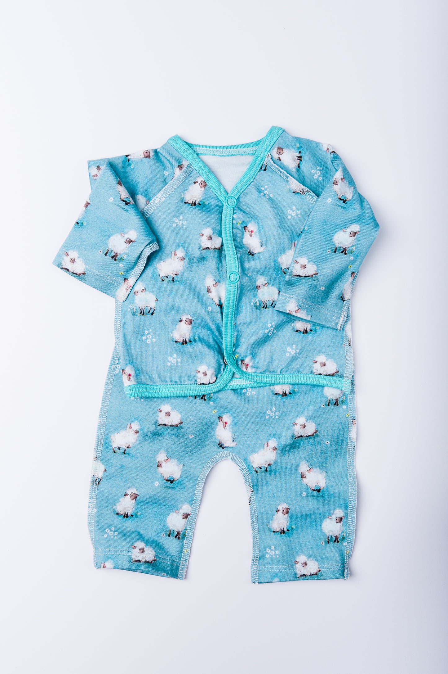 Set “Little Sheep Friends” 44–46 — jacket with open sleeves and pants with open legs, outer seams