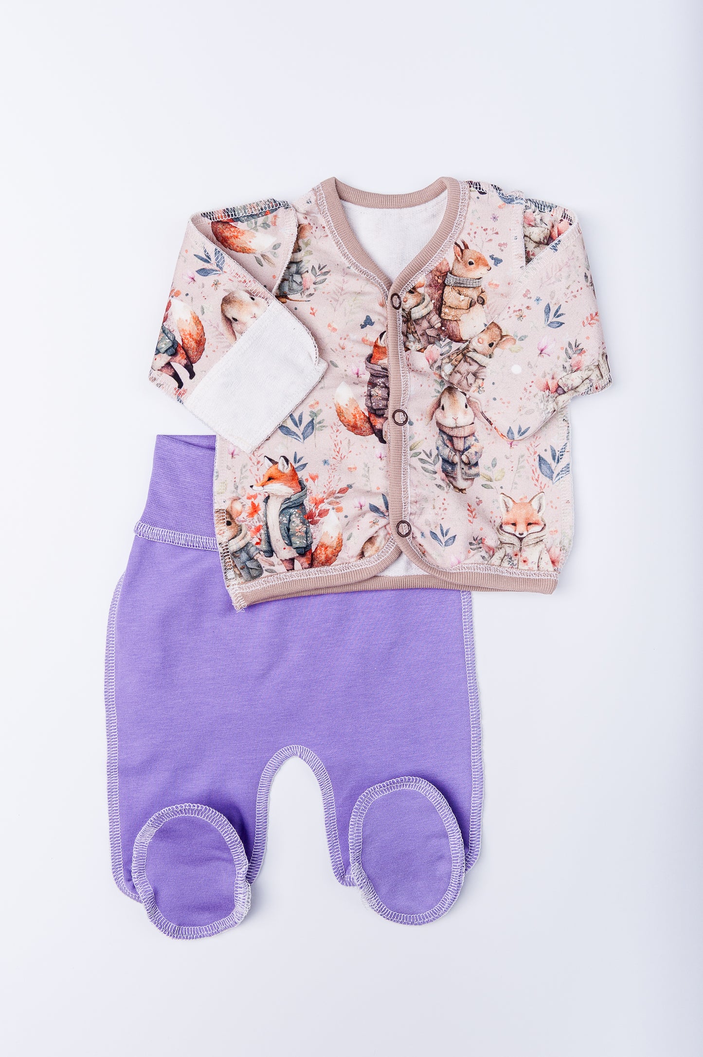 Set “Magic Forest” 46 — wrap shirt and pants, closed feet, outer seams