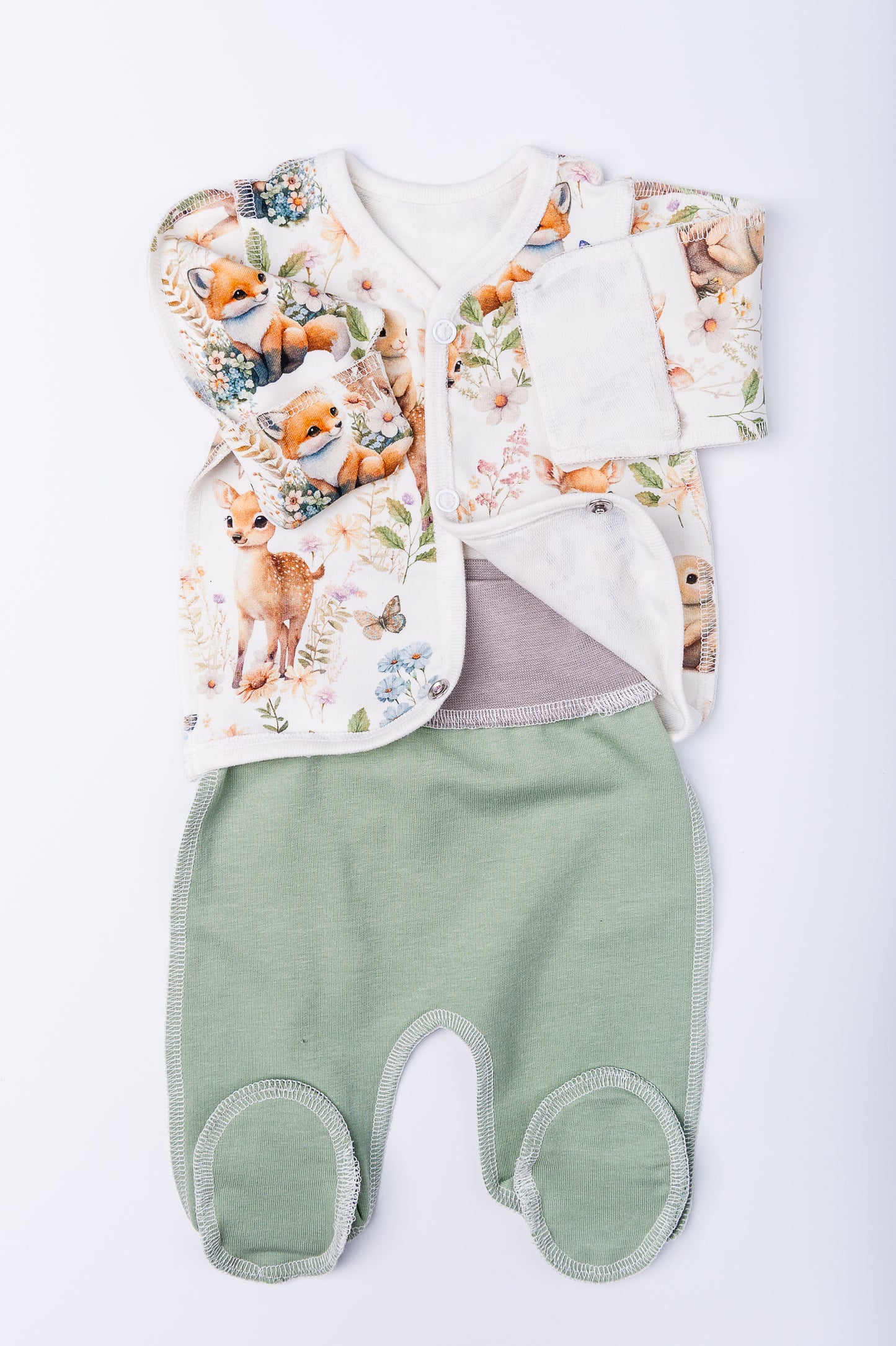 Set “Forest Meadow” 46 — wrap shirt and pants, closed feet, outer seams