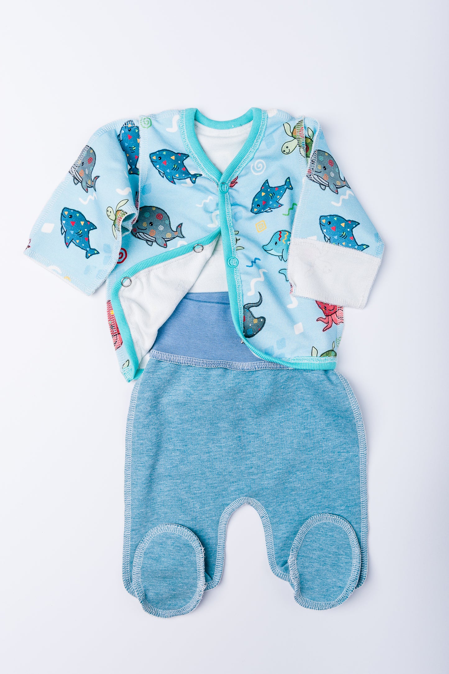Set “Sea Tale” 46 — wrap shirt and pants, closed feet, outer seams