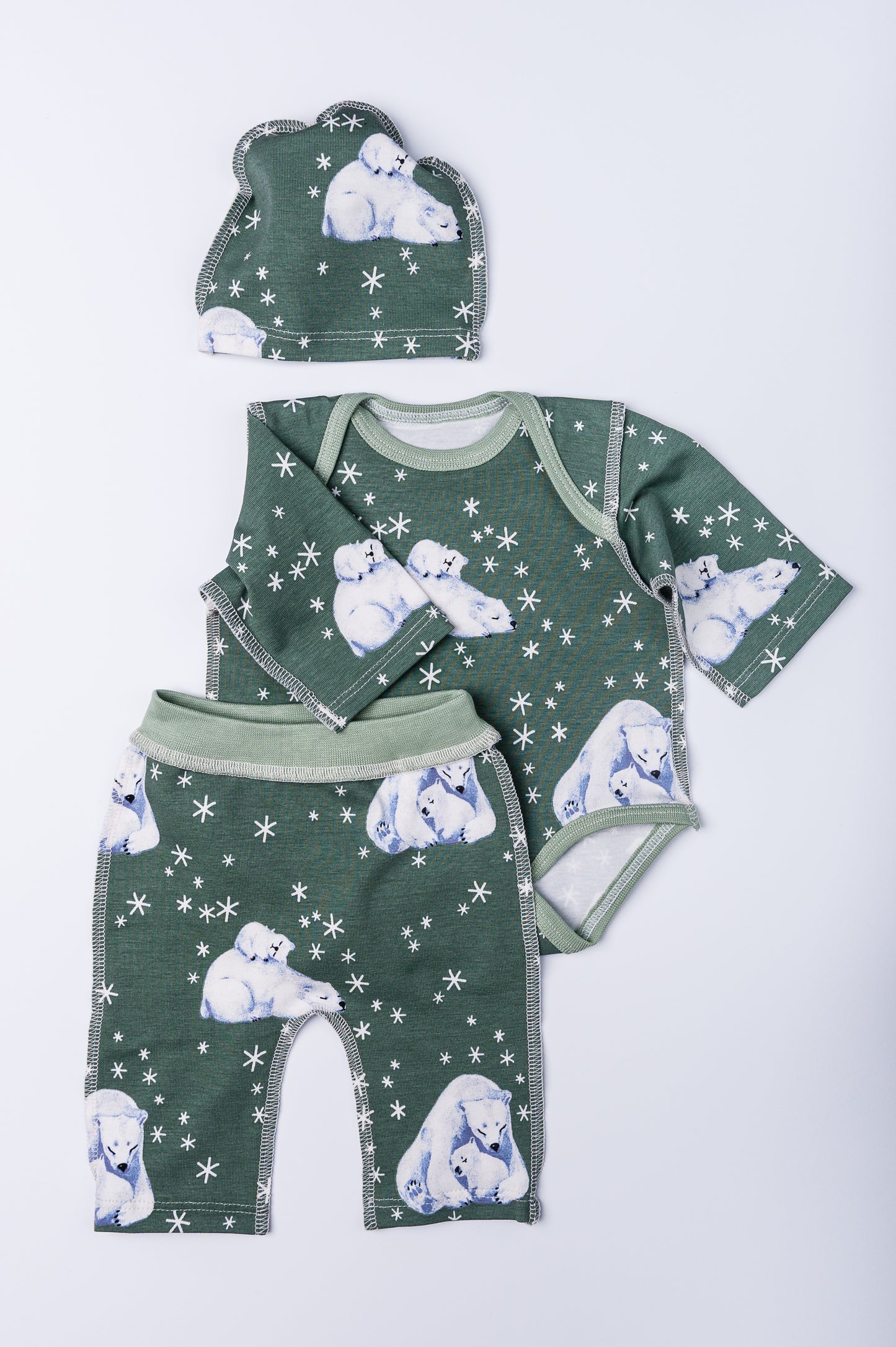 Set “Ice Bear” 42 — bodysuit, hat and pants, seams on the outside