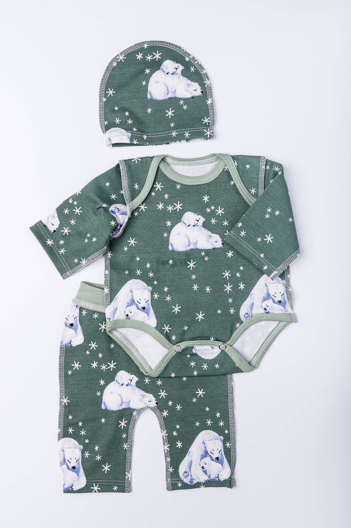 Set “Ice Bear” 42 — bodysuit, hat and pants, seams on the outside