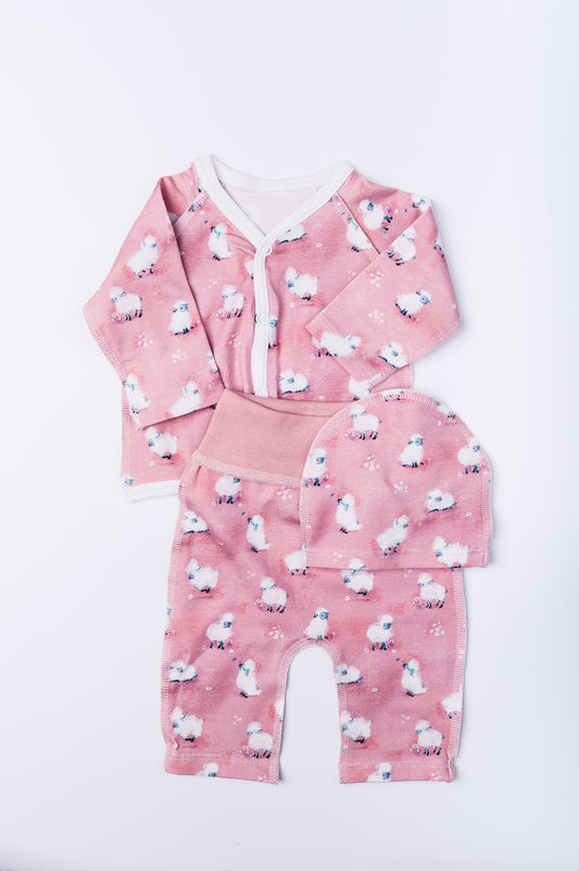 Komplekts “Aitu draudziņi” 44–46 — jaciņa, cepurīte un biksītes, šuvumi uz āru