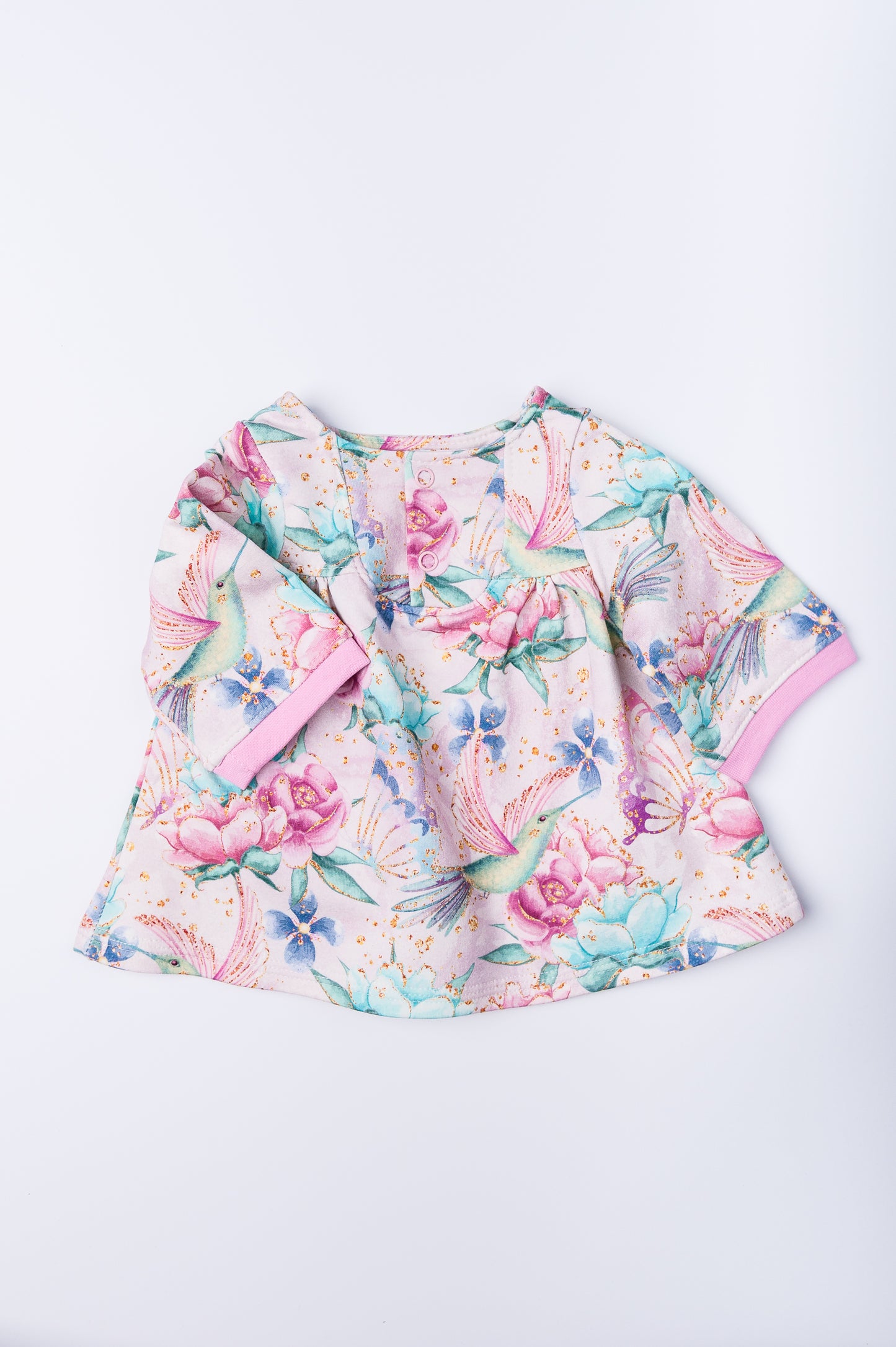 Dress “Hummingbirds and Flowers” 50–52 — lightly warm looped jersey, snap buttons at neckline, long sleeves