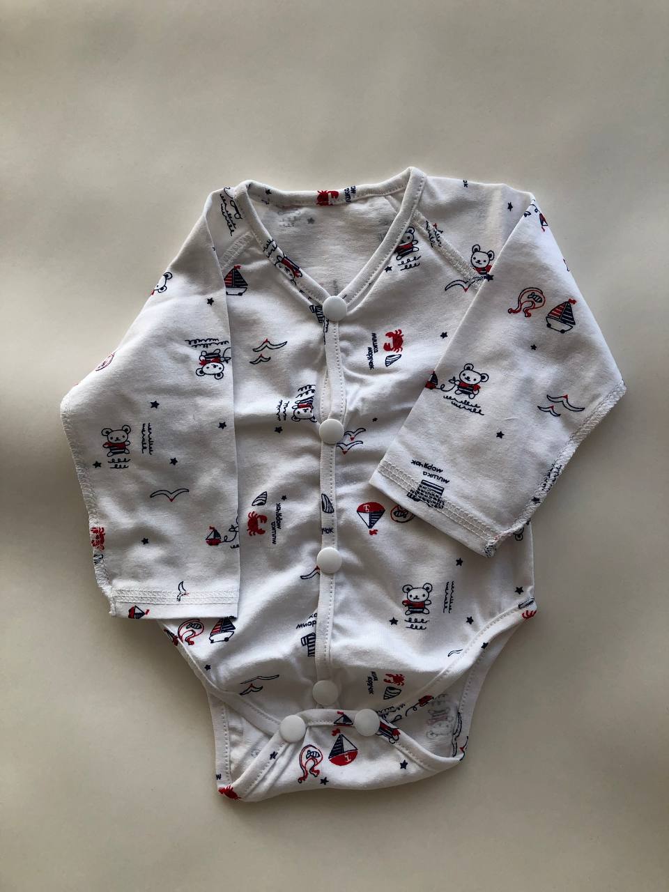 Боди «Морские мишки и кораблики» 44–46 — длинный рукав, швы наружу, хлопок